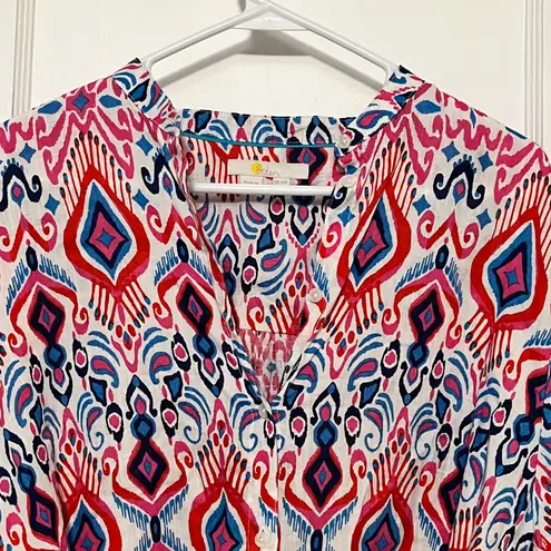 Boden rosie 100% linen tunic top button front multicolor ikat size 10R preppy Red