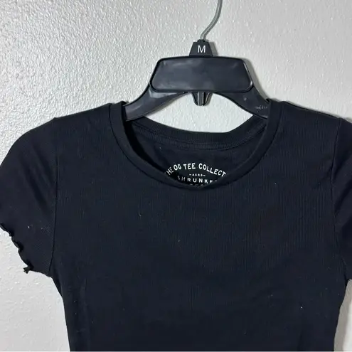 Aero Women Black Ribbed Shrunken Ruffle Hem Cropped Tee size S