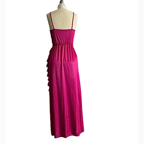 Vintage Flair Fuchsia Faux Wrap Maxi Nightgown with Ruffle Detail and Side Slit Pink Size undefined