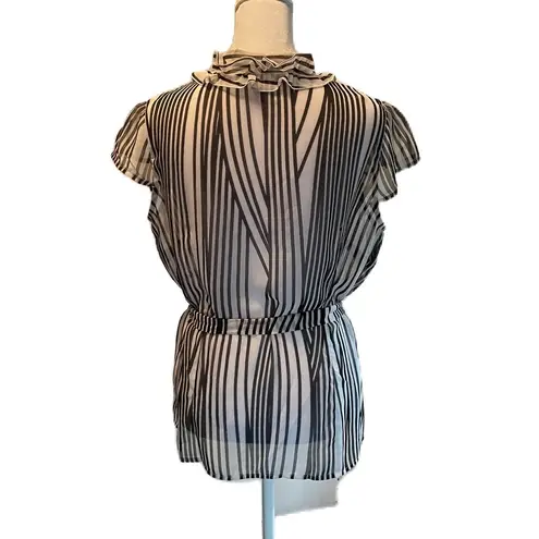 Worthington Sheer Black & White Short Sleeve Button Down Ruffled Collar Top PL