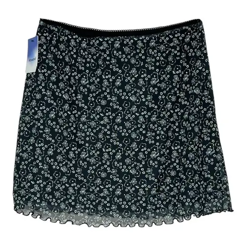 Abound  A-Line Mini Skirt Black Blue Floral Flowy Mesh Overlay Lettuce Trim