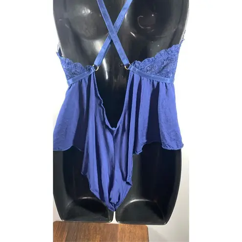 Yandy Women's Lace Plunge Adjustable Strap Romper Negligee Blue Size L/XL