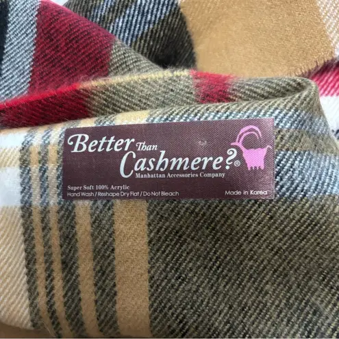 Women’s Better Than Cashmere red tan black plaid fringe scarf