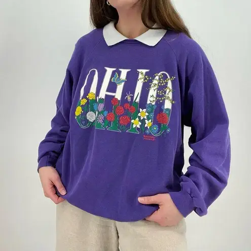 vtg cottagecore oversized “Ohio” flowers graphic sweatshirt pointelle collar XL Purple