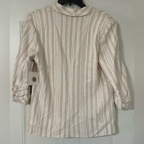 Ellen Tracy Linen Blend Striped Neutral 3/4 Sleeve Blazer Size Medium Coastal