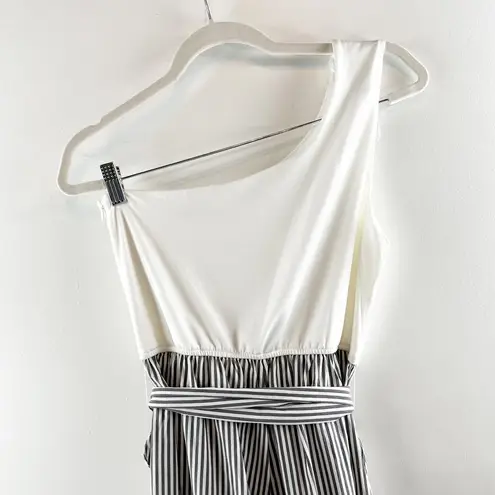 Dress Day One Shoulder Asymmetrical Wide Leg Striped Jumpsuit Black White Medium