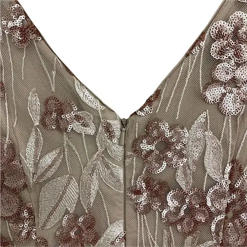 Aidan Mattox AIDAN Floral-Embroidered Sequin Dress Cocktail Champagne Size 4
