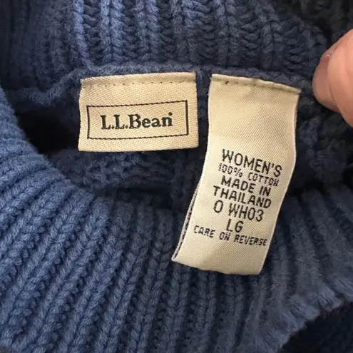 LL Bean Women's Blue Cable Knit Mock Neck Fisherman Sweater Size LG