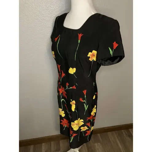 Y2K Vintage Sheath Dress Women’s 5/6 Black Floral Zip Short Sleeve Square Neck