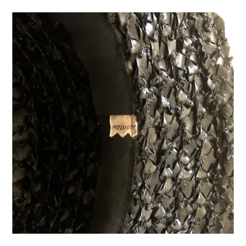 Vintage Suzy Hat Black Woven Straw Wide Brim With Ribbon Accent Women's Medium