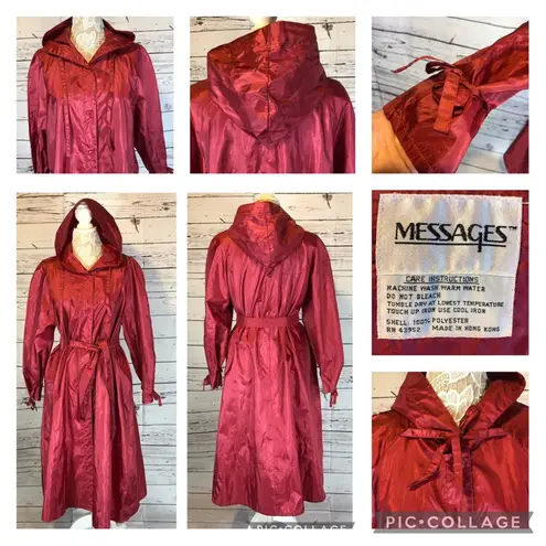 1990s Messages Red Iridescent Hooded Taffeta Belted Coat Made in Hong Kong M Size M