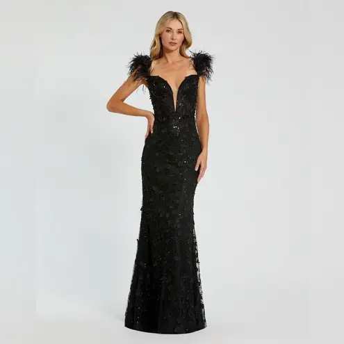 Mac Duggal 20889 Womens Black Sheer Applique Bustier Gown with Feather Straps