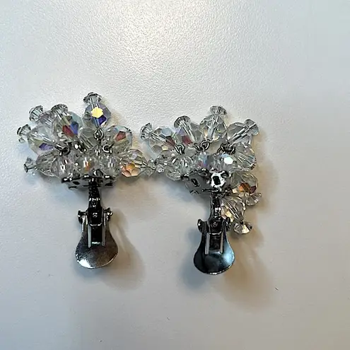 Vintage Laguna clip on earrings faceted clear aurora borealis cascading crystals