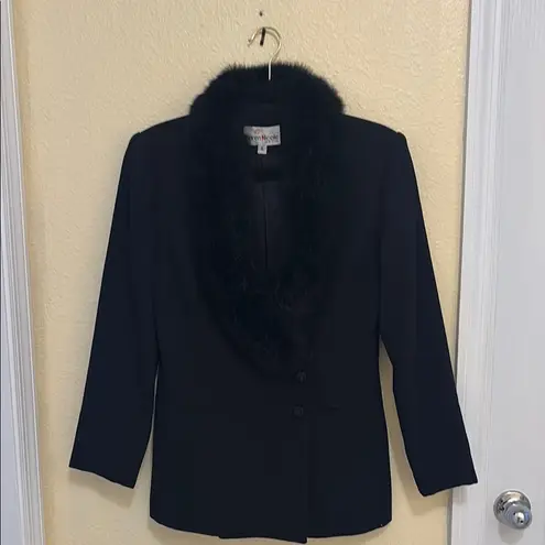 Vintage Karen Nicole New York 100% Wool Black Blazer with Faux Fur Collar Size 6