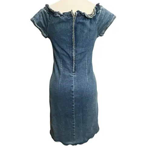 Moda International Y2K Denim Dress 6 Blue Ruffle Neck Milkmaid Stretch Retro