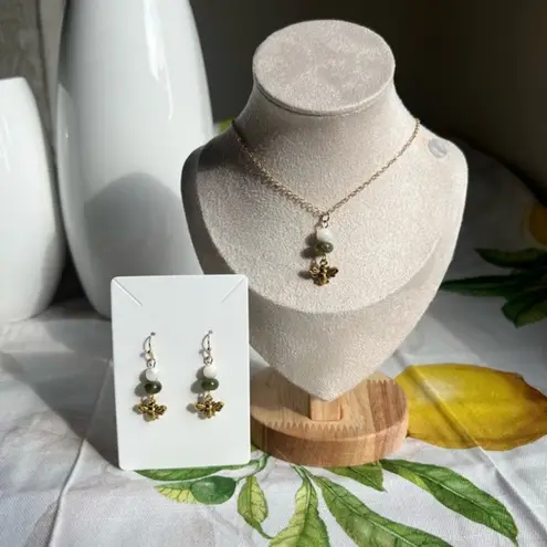 Bee Earrings, Mother of Pearl & Forest Army Olive Moss Green Jade, Spring, Fun