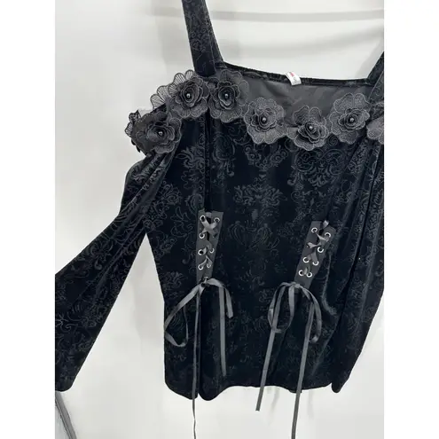 Rosegal Top 2X Black Velour Floral Tie Whimsigoth Renaissance Witch Cosplay