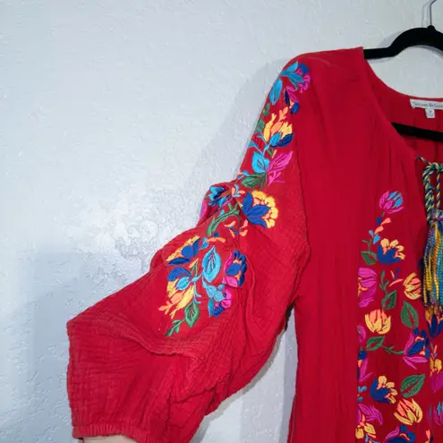 New See And Be Seen Red Embroidered Peasant Tassel Top Size Medium