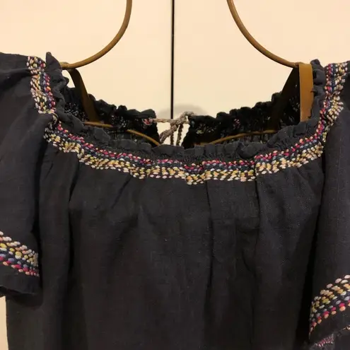 Ban Jara Cotton Embroidered Navy Blue Boho Sheath Dress Women's Size S