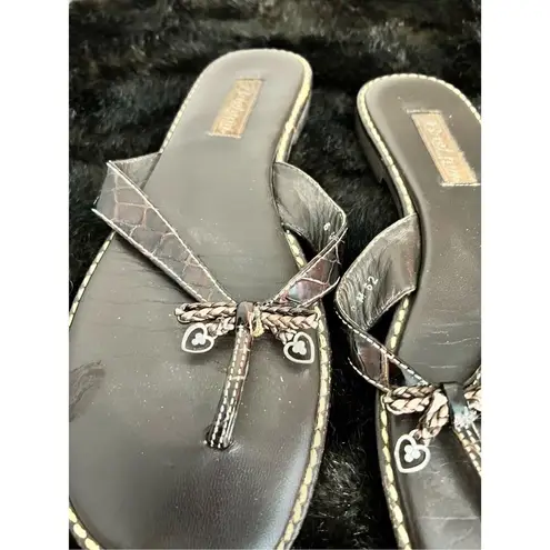 Brighton  Ofelia Dark Brown Patent Leather Bow Silver Thong Sandals Women Sz 6