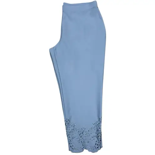 Dennis Basso Cloudy Blue Luxe Crepe Laser-Cut Ankle Pants Size Large Petite