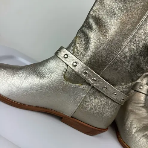 Vtg Y2K 9West Champagne Metallic Western Riding Boots Sz 8 Buckle Cowgirl Silver