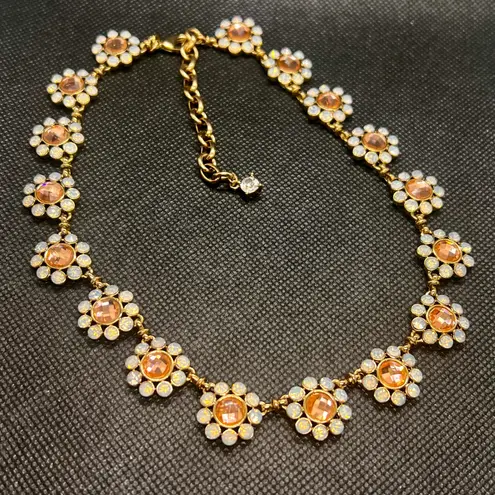 Vintage Aurora Borealis Gold Tone Pink Rhinestone Flowers Statement Necklace
