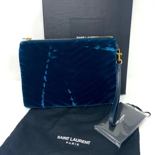 Saint Laurent  Blue Chevron Velvet Monogram Zip Pouch