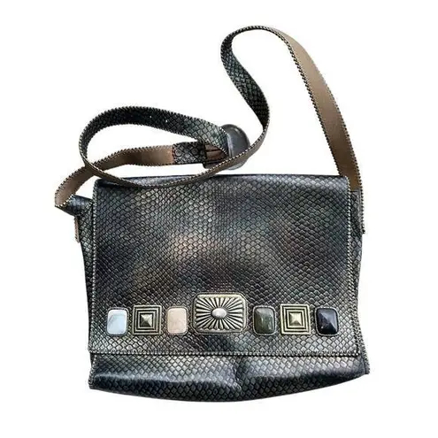 1992 Nina Arjani Leather 12x10" Shoulder Bag Cross Body Metallic Gold Snakeskin Black