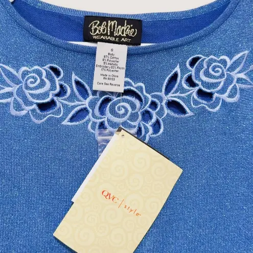 Bob Mackie Wearable Art Cut Out 3/4 Sleeves Blue Metallic Sweater Size S