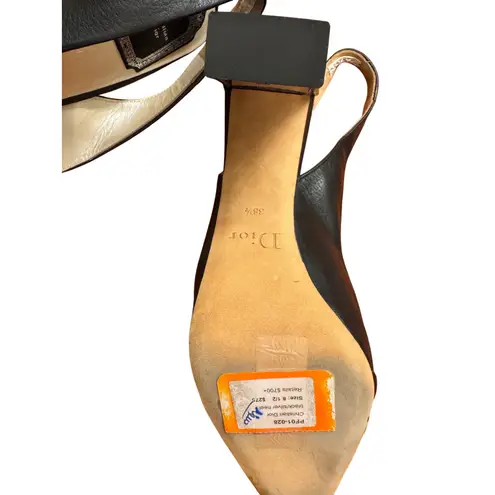 Dior Christian Slingback Heels Black Leather Silver Toe Cap Pumps Elegant