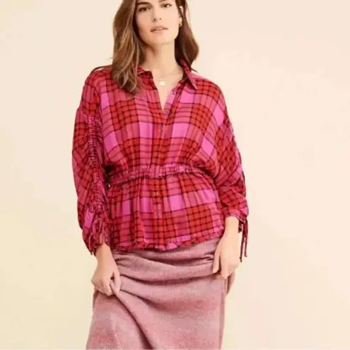 Free People  pacific dawn red plaid button down shirt s