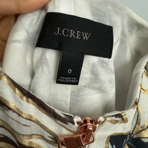 J.Crew Linen Blend Leaf Print Dress Sleeveless Beige Brown Gold Size 0 Tan