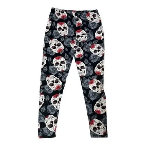 Women Black Gothic Rose & Skull Print Leggings Plus Size 3X
