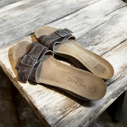 Vionic Orthaheel Technology Brown Snake Print Buckle Slide Sandals US 9 EU 40