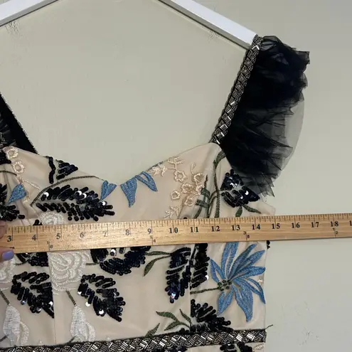 Lulus Show Stopper Cream Embroidered Sequin Bodycon Maxi Dress XS Tulle Gown Tan