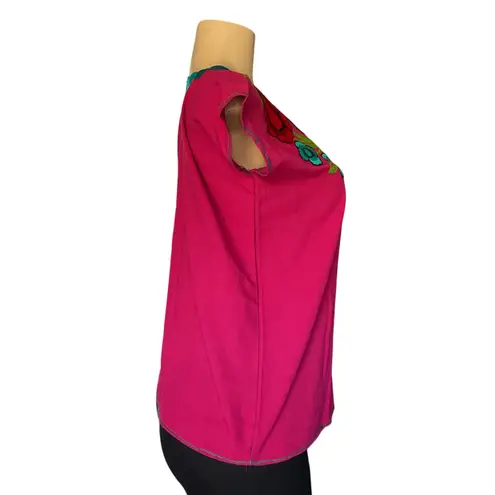 Blouse Pink Artisanal Floral Top Embroidered Mexican from Chiapas Folk Art Blue Size M