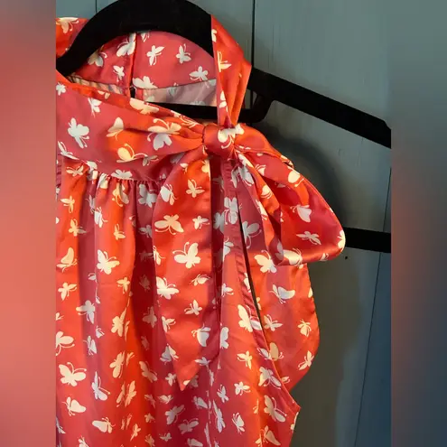 Iz Byer  Rose Pink w/White Butterfly Sleeveless Blouse Tie Neck | Women’s Size M