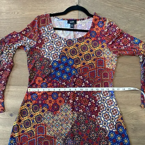 MSK Bell Trumpet Sleeve Boho Print Mini Dress Size Medium