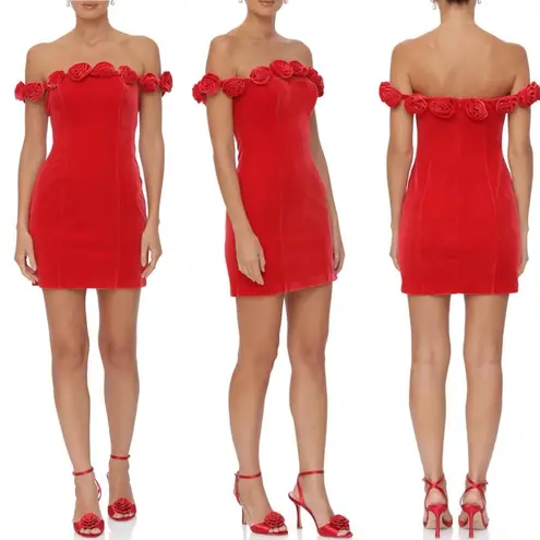 Avec Les Filles Rosette Red Off-the-Shoulder Velvet Minidress