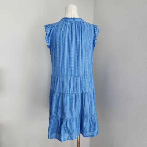 Loft  Blue Gingham Flutter Sleeve Tiered Button Down Summer Dress L