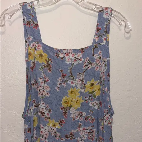 Vintage Floral Overalls Dress Blue Sleeveless Made in USA Size L