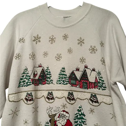 Vintage Oneita Ugly Christmas Sweatshirt 90s Santa Reindeer Cottage Size Med White