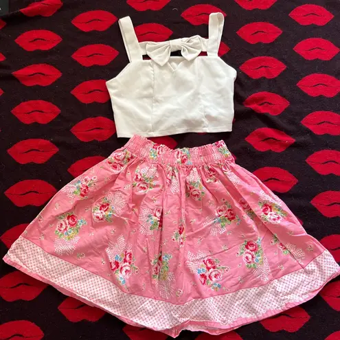 Bonne chance collections retro pink white bow floral top skirt 2 piece XS