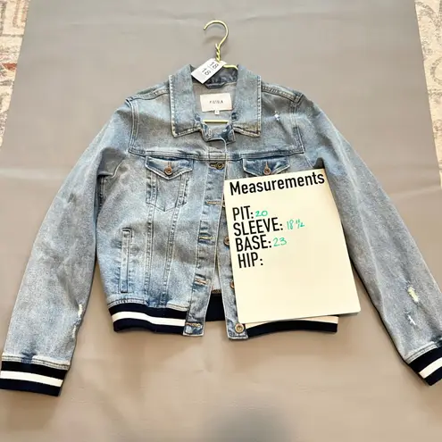 Pistola Denim Trucker Jacket Distressed Light Wash Varsity Cuffs Size L