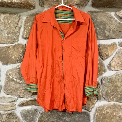 Y2K Early 2000s Orange Bugatchi Long Sleeve Button Down Top w/ Green Striped Accents Size XL