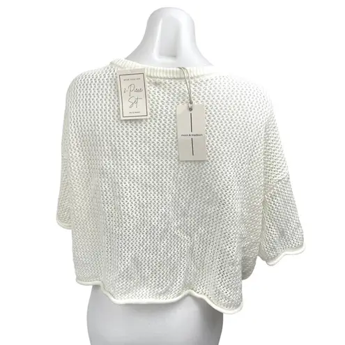 NEW Moon & Madison White Short Sleeve Henley Open Knit Sweater Crop Top Size XL