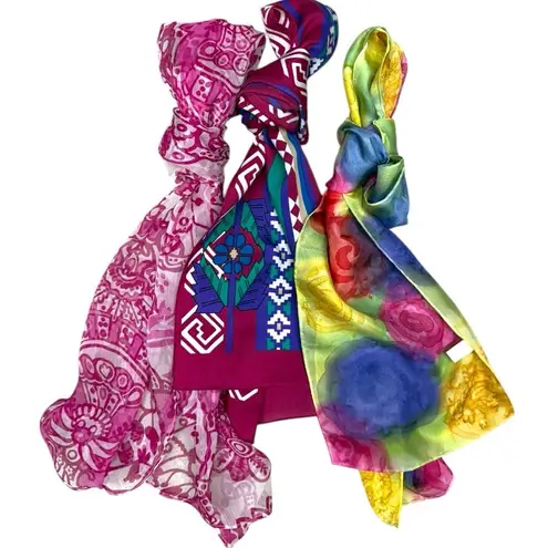 Boho Scarf Bundle – Multicolor Tribal, Pink Floral Crinkle, Rainbow Watercolor