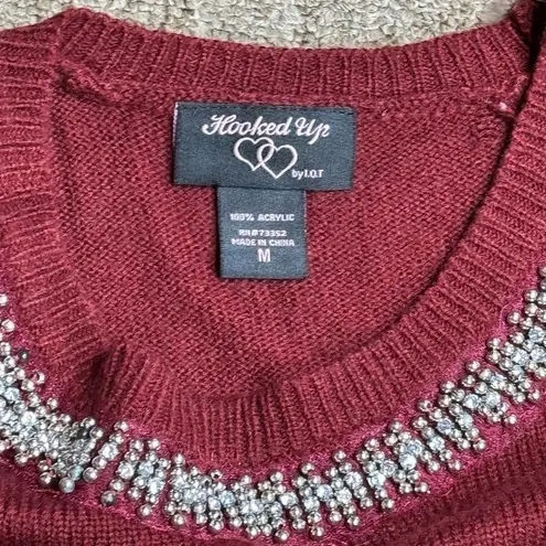 Hooked up Embellished Neck Long Sleeve Sweater Burgundy Red M Size M