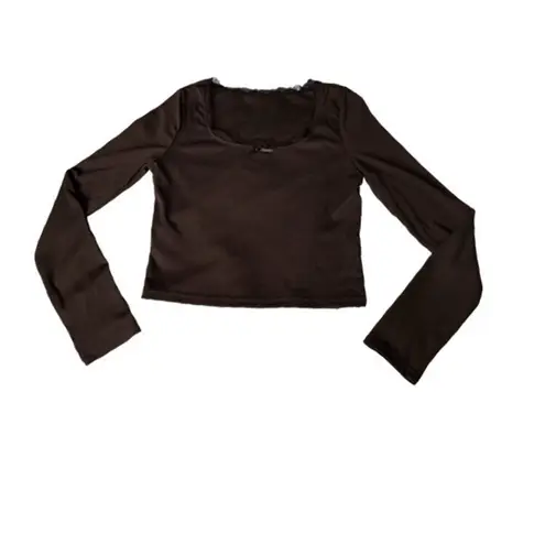 Black Top Crop Long Sleeve Bow Neck Size Large Lace Square Neck Ribbed Feminine